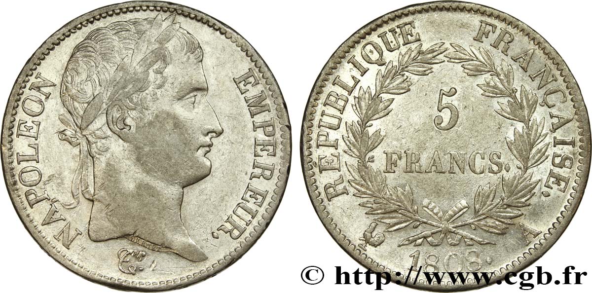 5 francs Napoléon Empereur, République française 1808 Paris F.306/2 fVZ 