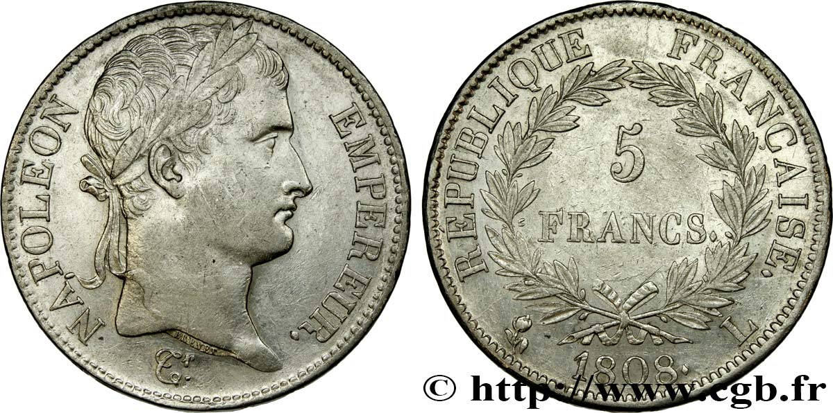 5 francs Napoléon Empereur, République française 1808 Bayonne F.306/9 q.SPL 