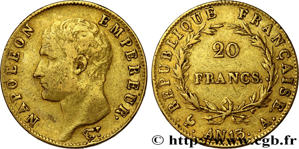 20 francs or Napoléon tête nue, Calendrier révolutionnaire 1805 Paris F.512/1 XF 