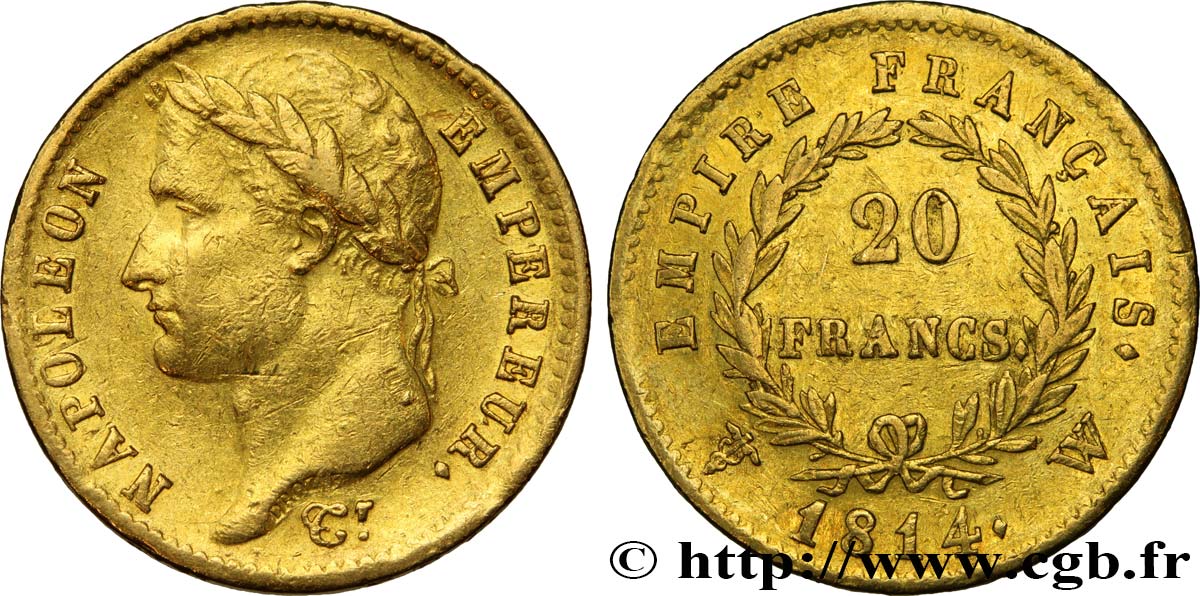 20 francs or Napoléon tête laurée, Empire français 1814 Lille F.516/42 XF 