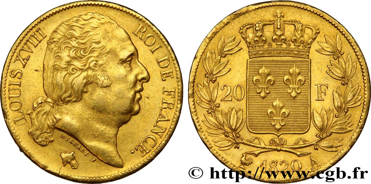 20 francs or Louis XVIII, tête nue 1820 Paris F.519/19 SS52 
