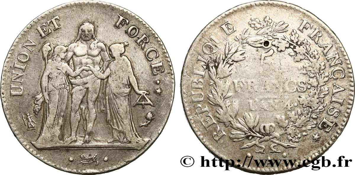 5 francs Union et Force, Union serré, avec glands intérieurs et gland extérieur 1796 Paris F.288/1 TB30 