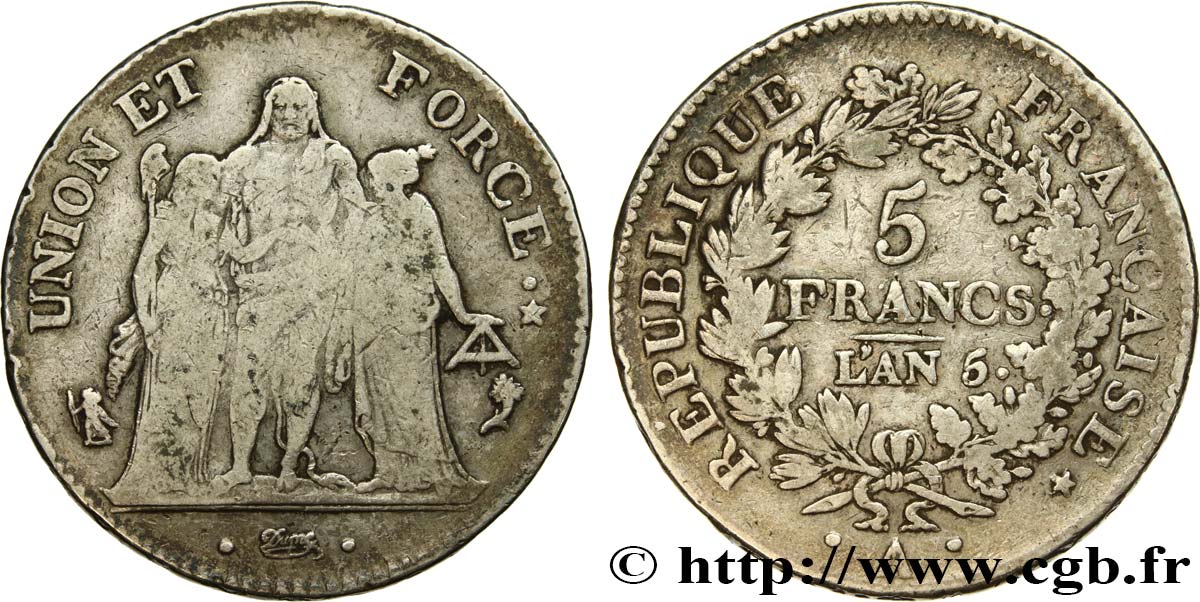 5 francs Union et Force, Union serré, avec glands intérieurs et gland extérieur, Tranche fautée 1797 Paris F.288/4 VF20 