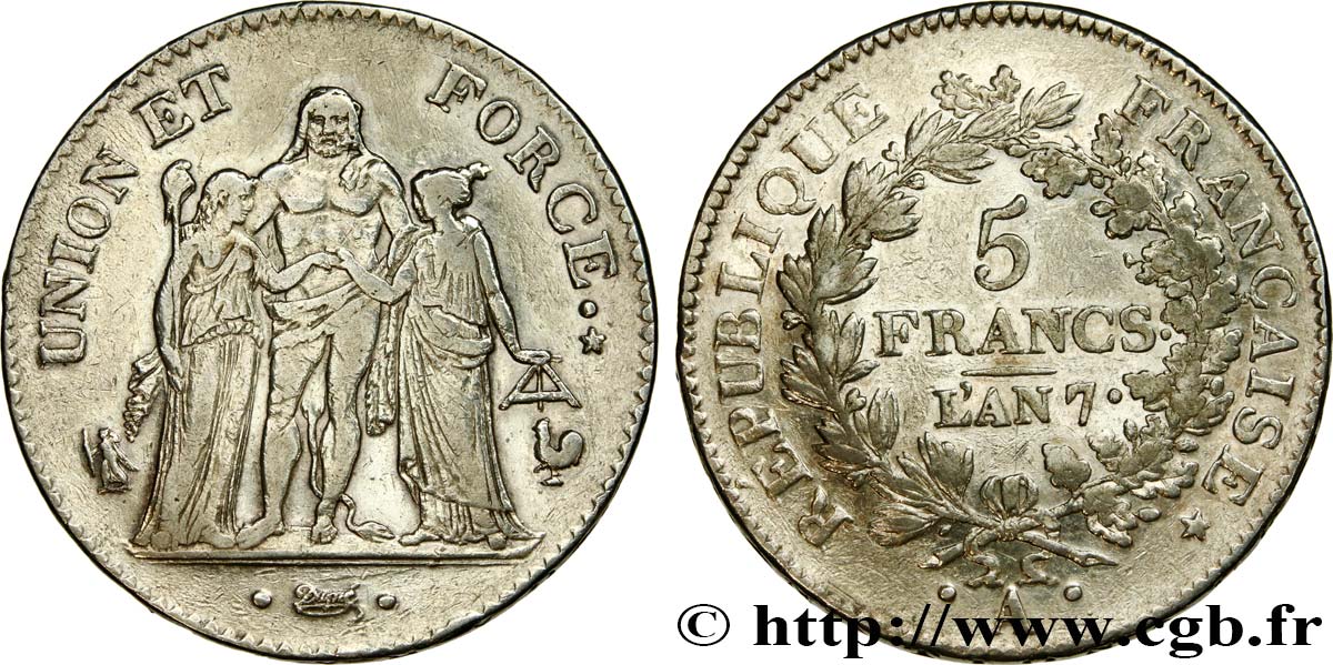 5 francs Union et Force, Union serré, avec glands intérieurs et gland extérieur 1799 Paris F.288/103 SS 
