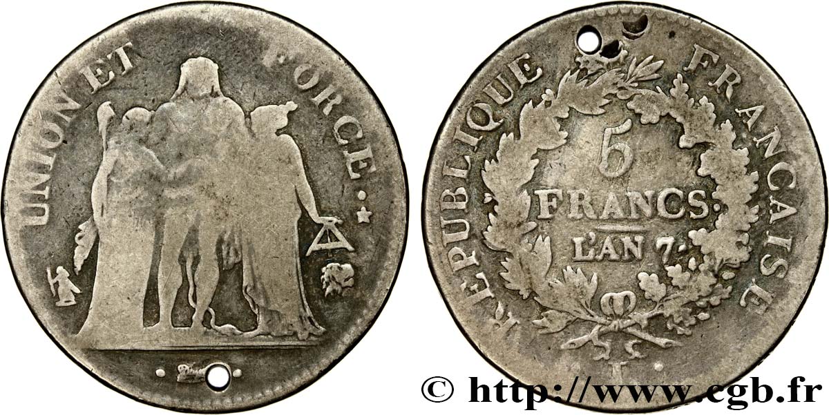 5 francs Union et Force, Union serré, seulement gland extérieur 1799 Bayonne F.288/114 VG 