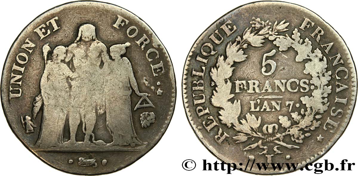 5 francs Union et Force, Union serré, seulement gland extérieur, petite feuille 1799 Bayonne F.288/113 SGE12 