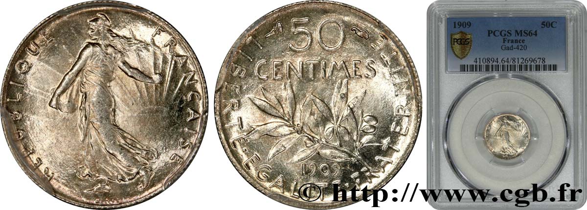 50 centimes Semeuse 1909  F.190/16 fST64 PCGS