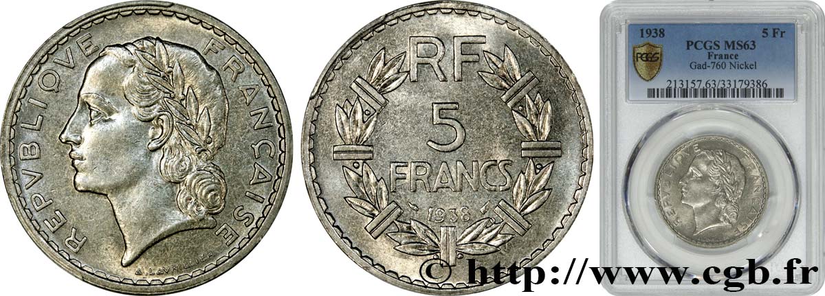 5 francs Lavrillier, nickel 1938  F.336/7 SPL63 PCGS