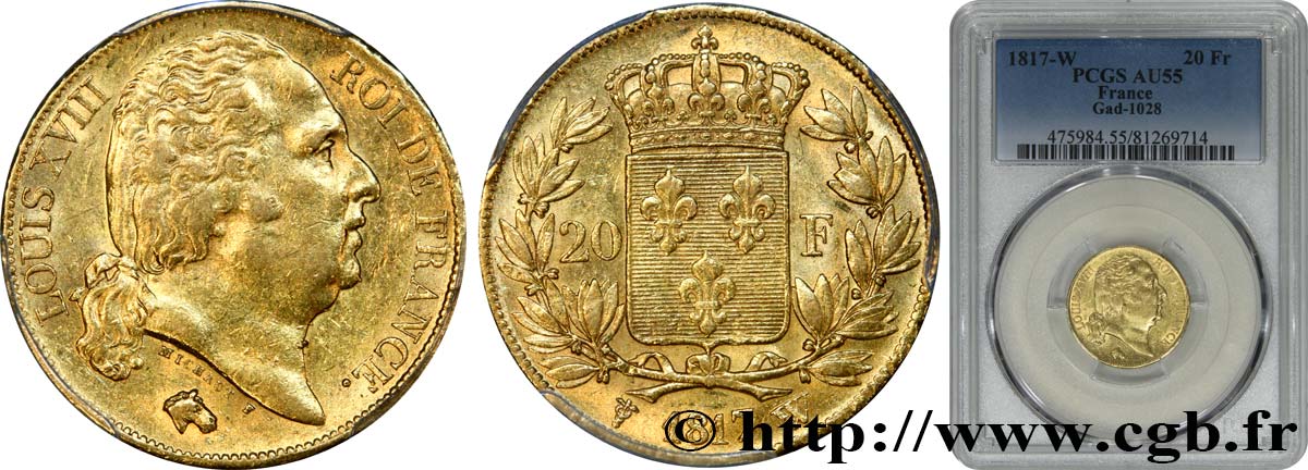 20 francs or Louis XVIII, tête nue 1817 Lille F.519/9 AU55 PCGS