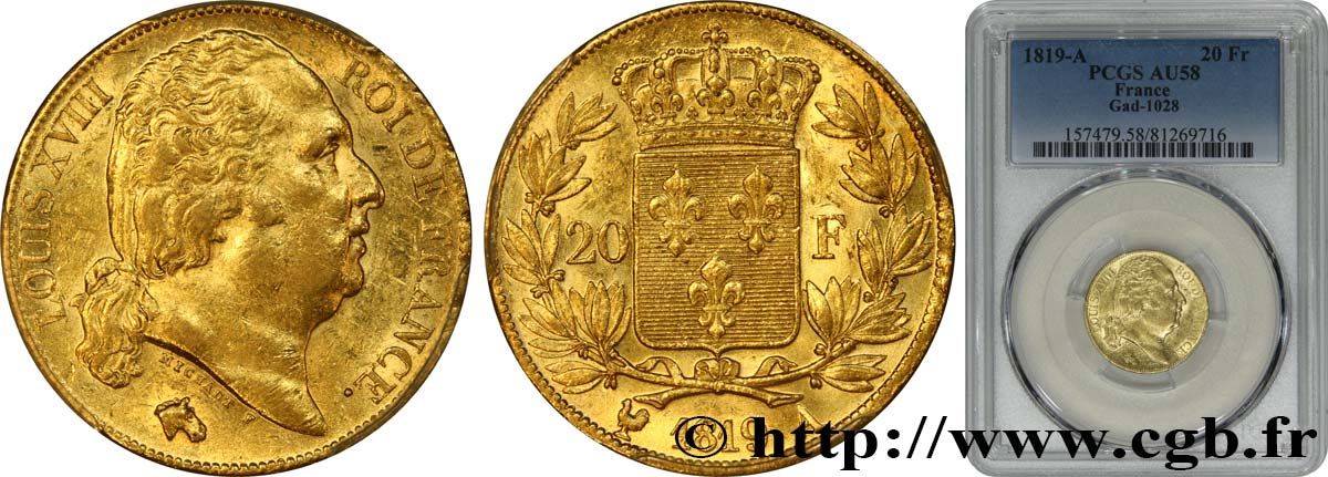 20 francs or Louis XVIII, tête nue 1819 Paris F.519/15 AU58 PCGS