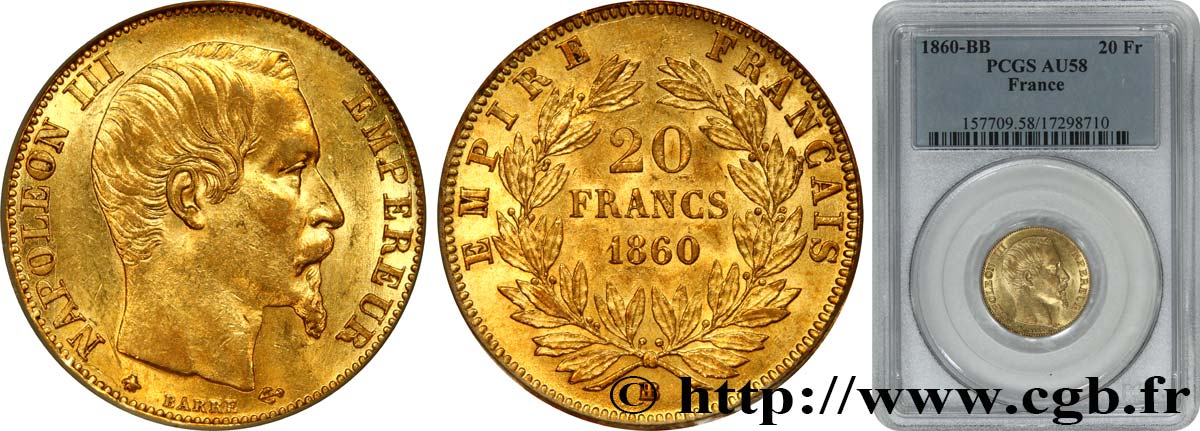 20 francs or Napoléon III, tête nue 1860 Strasbourg F.531/20 AU58 PCGS