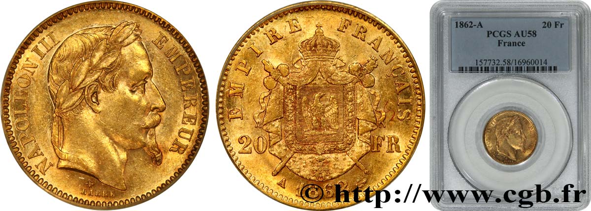 20 francs or Napoléon III, tête laurée 1862 Paris F.532/3 VZ58 PCGS