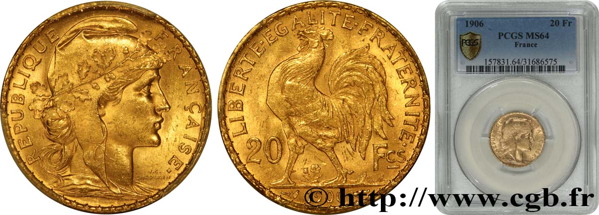 20 francs or Coq, Dieu protège la France 1906 Paris F.534/11 SC64 PCGS
