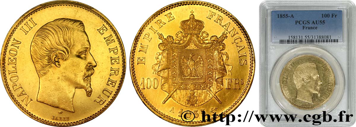 100 francs or Napoléon III, tête nue 1855 Paris F.550/1 VZ55 PCGS