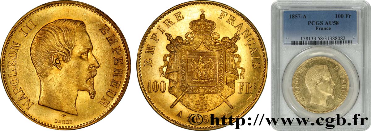100 francs or Napoléon III, tête nue 1857 Paris F.550/4 VZ58 PCGS