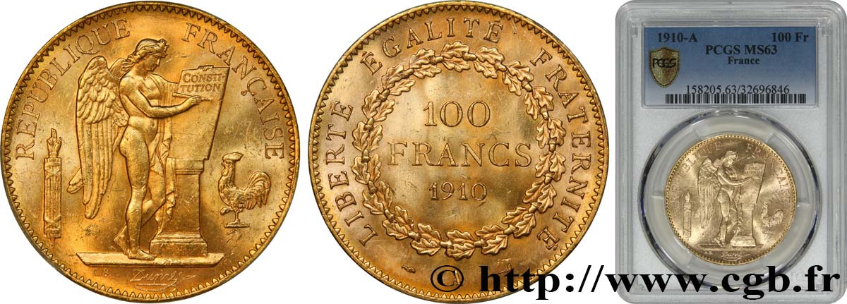 100 francs or Génie, tranche inscrite en relief Liberté Égalité Fraternité 1910 Paris F.553/4 fST63 PCGS