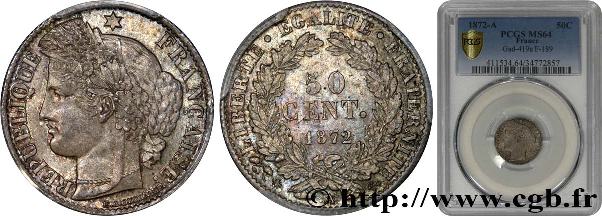 50 centimes Cérès, IIIe République 1872 Paris F.189/3 SC64 PCGS
