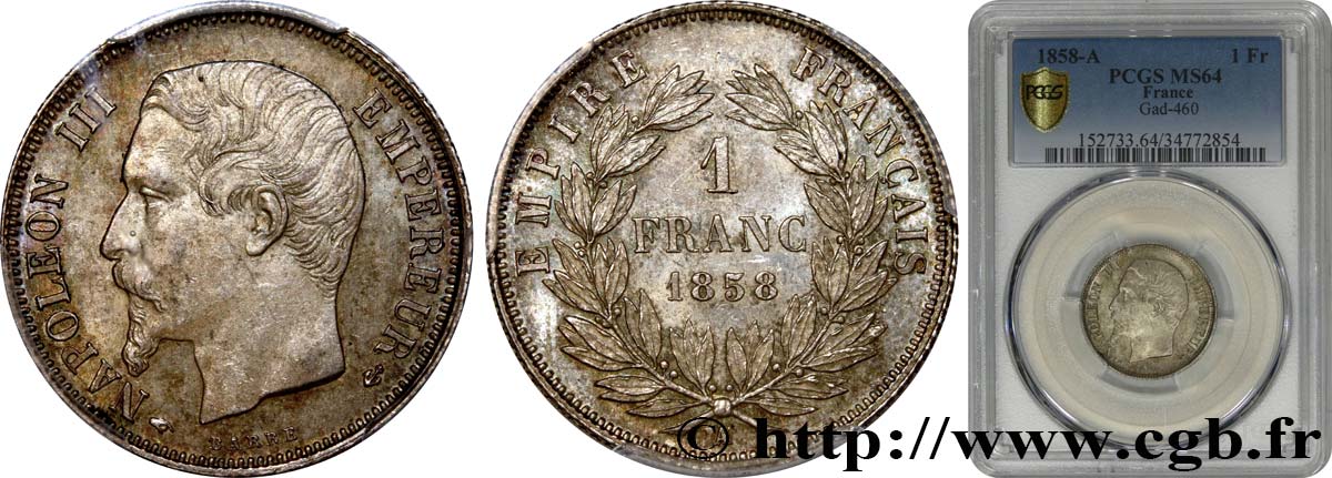 1 franc Napoléon III, tête nue 1858 Paris F.214/11 SC64 PCGS