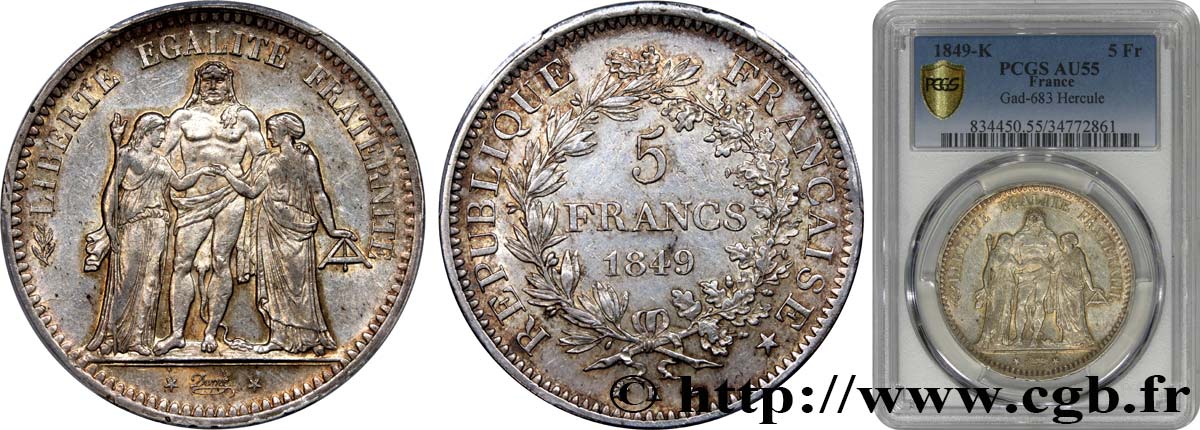 5 francs Hercule, IIe République 1849 Bordeaux F.326/7 EBC55 PCGS