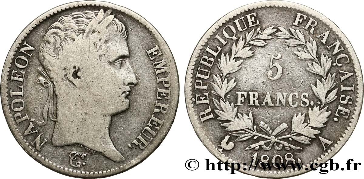 5 francs Napoléon Empereur, République française 1808 Paris F.306/2 S18 