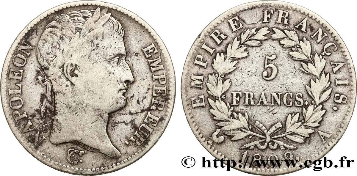 5 francs Napoléon Empereur, Empire français 1809 Paris F.307/1 TB 