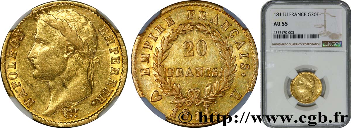 20 francs or Napoléon tête laurée, Empire français 1811 Turin F.516/20 AU55 NGC