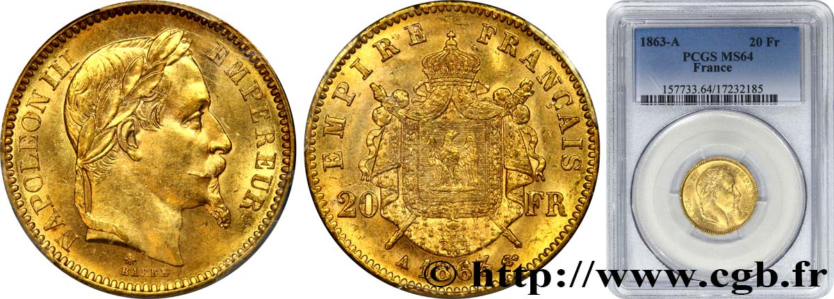20 francs or Napoléon III, tête laurée 1863 Paris F.532/6 fST64 PCGS