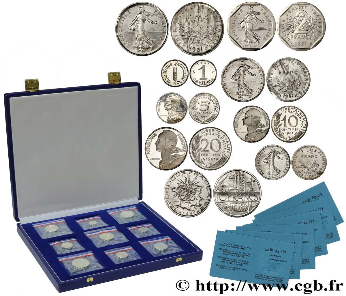 Coffret de 9 Piéforts en Argent : 10, 5, 2, 1 et 1/2 francs et 20, 10, 5 et 1 centimes 1981 Pessac GEM.292 CPA13 ST 