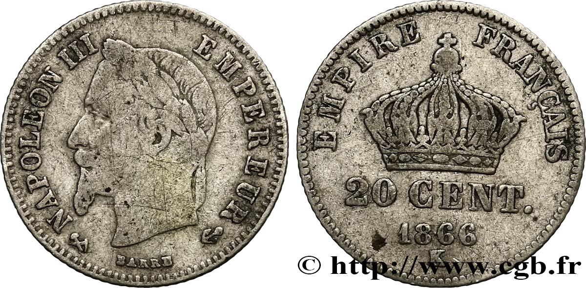 20 centimes Napoléon III, tête laurée, petit module 1866 Bordeaux F.149/6 F15 