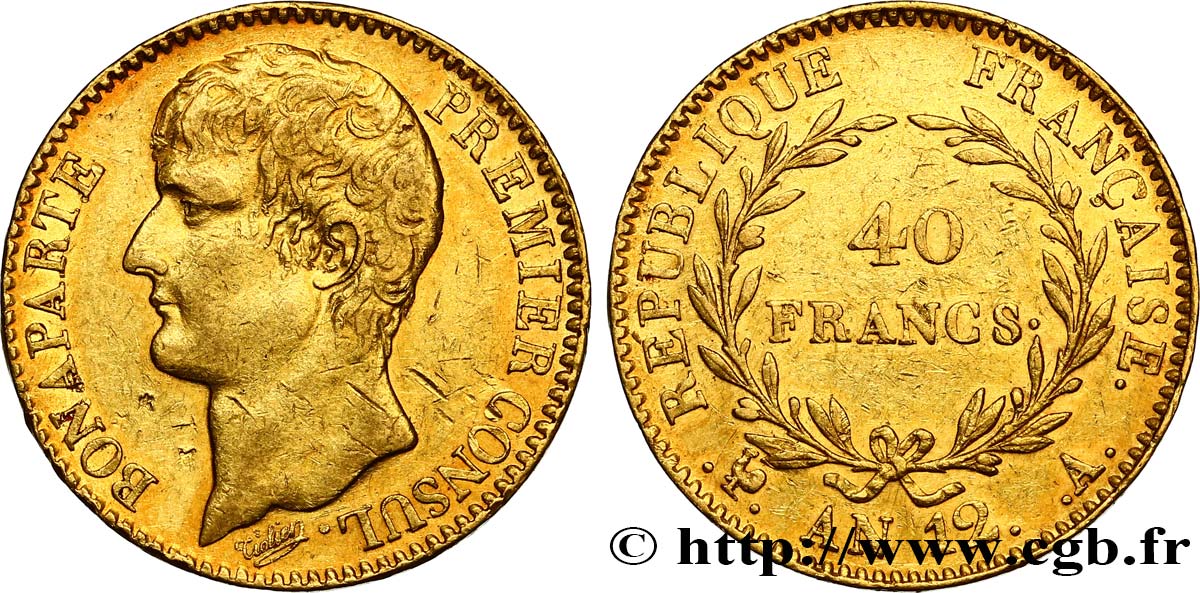 40 francs or Bonaparte Premier Consul 1804 Paris F.536/6 XF45 