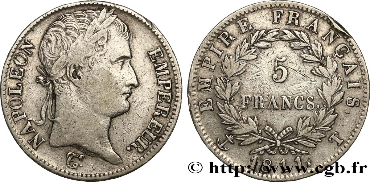 5 francs Napoléon Empereur, Empire français 1811 Nantes F.307/38 S30 