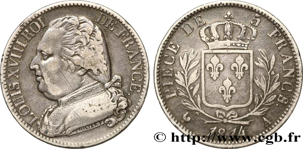 5 francs Louis XVIII, buste habillé 1814 Paris F.308/1 MB35 