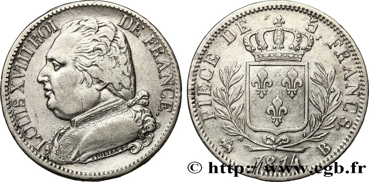 5 francs Louis XVIII, buste habillé 1814 Rouen F.308/2 TTB48 
