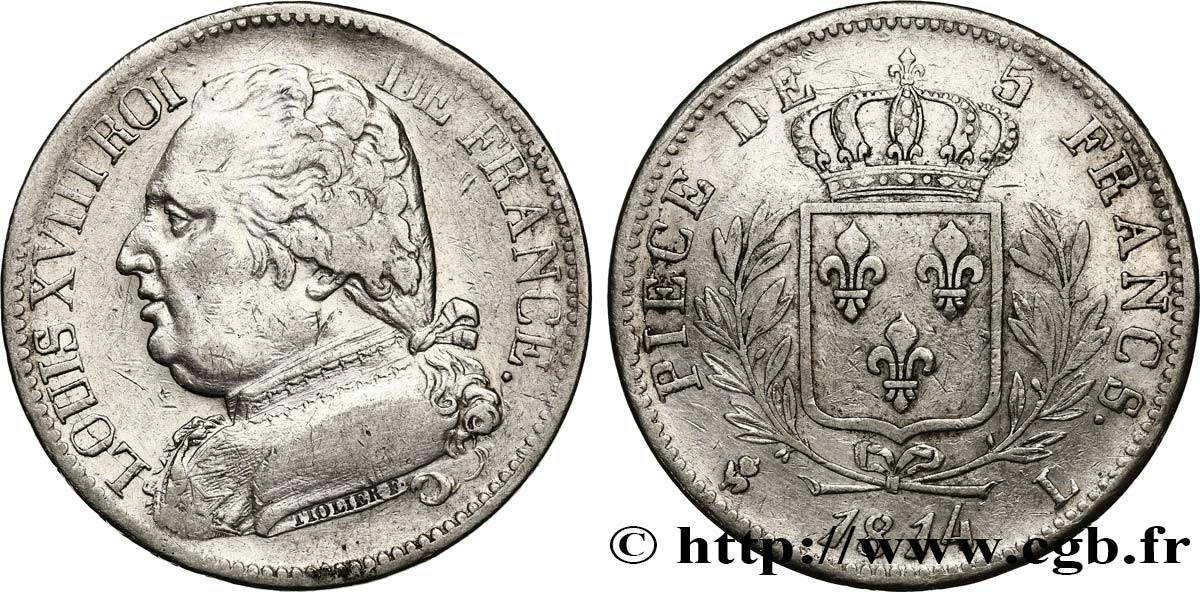 5 francs Louis XVIII, buste habillé 1814 Bayonne F.308/8 XF 