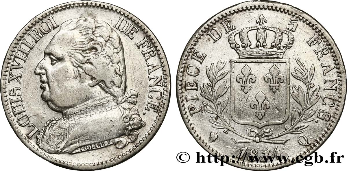 5 francs Louis XVIII, buste habillé 1814 Perpignan F.308/11 TTB 