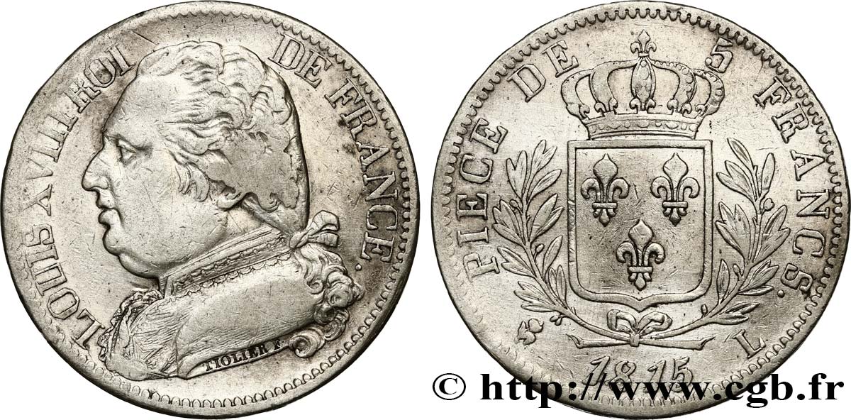 5 francs Louis XVIII, buste habillé 1815 Bayonne F.308/24 BC+ 