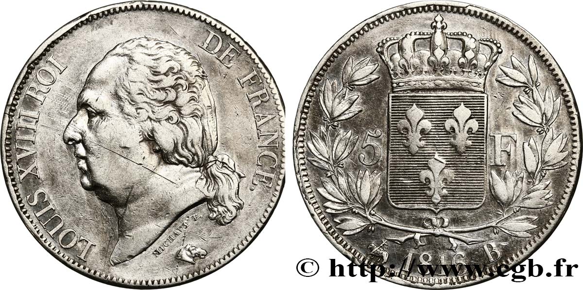 5 francs Louis XVIII, tête nue 1816 Rouen F.309/2 VF 