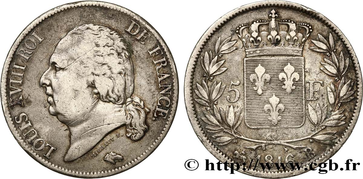 5 francs Louis XVIII, tête nue 1816 Rouen F.309/2 TB25 