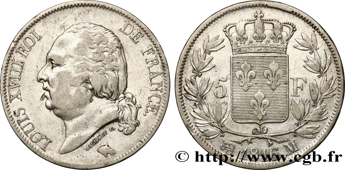 5 francs Louis XVIII, tête nue 1816 Toulouse F.309/9 TB35 