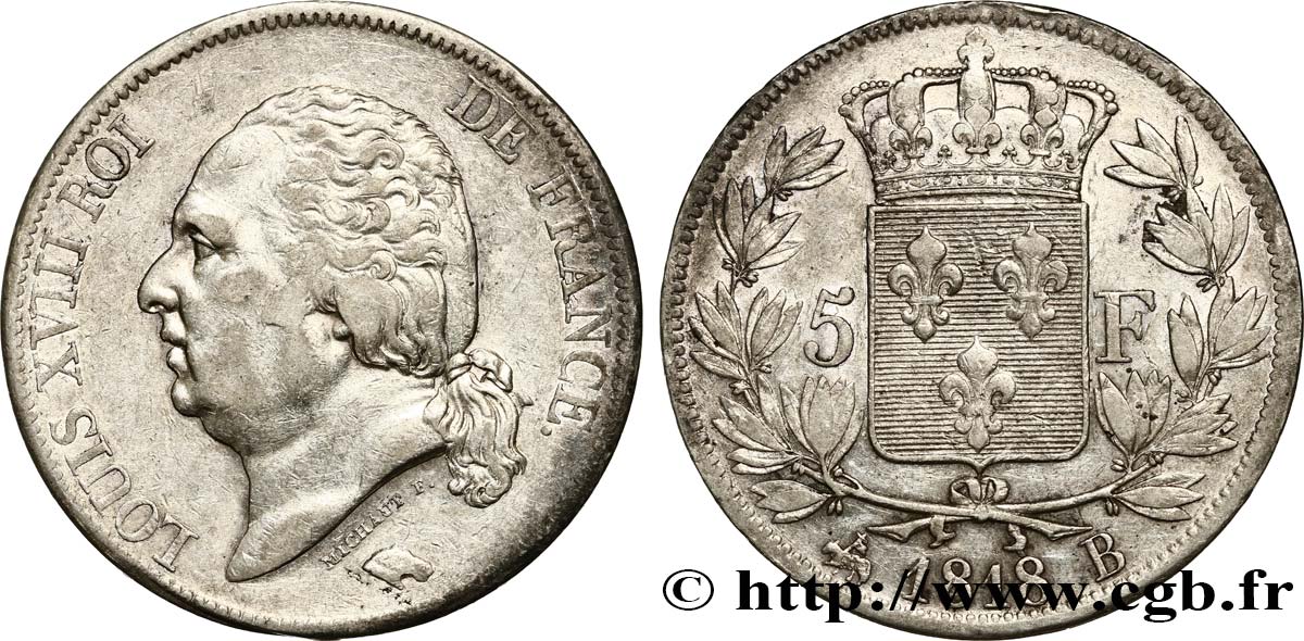 5 francs Louis XVIII, tête nue 1818 Rouen F.309/29 TTB40 