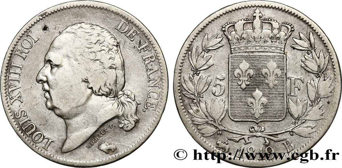 5 francs Louis XVIII, tête nue 1819 Rouen F.309/41 MB20 