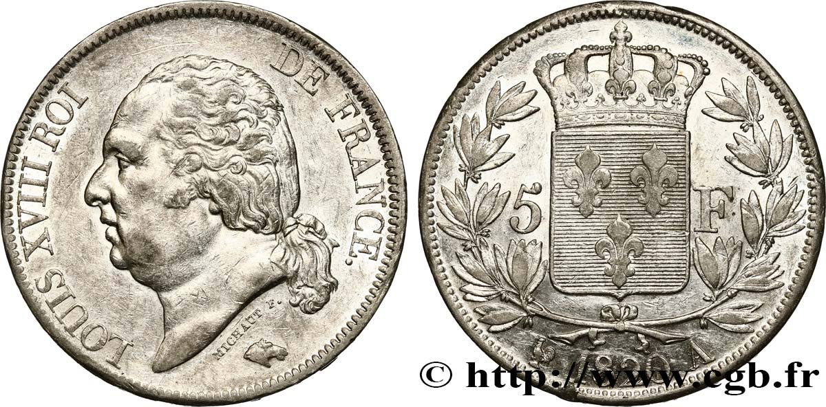 5 francs Louis XVIII, tête nue 1820 Paris F.309/49 SS52 