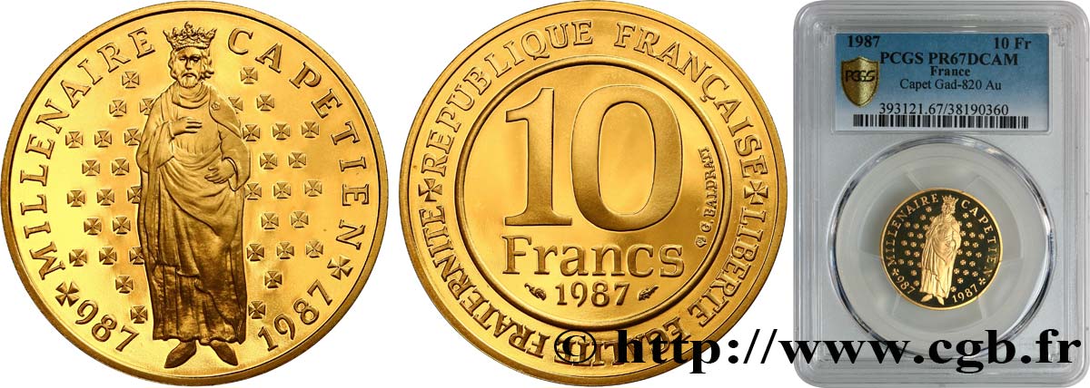 Belle Épreuve Or 10 francs Millénaire Capétien 1987 Paris F5.1301 2 MS67 PCGS