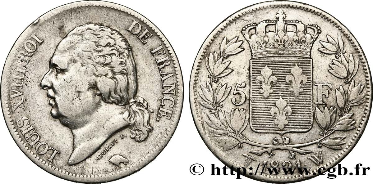 5 francs Louis XVIII, tête nue 1821 Lille F.309/67 VF25 