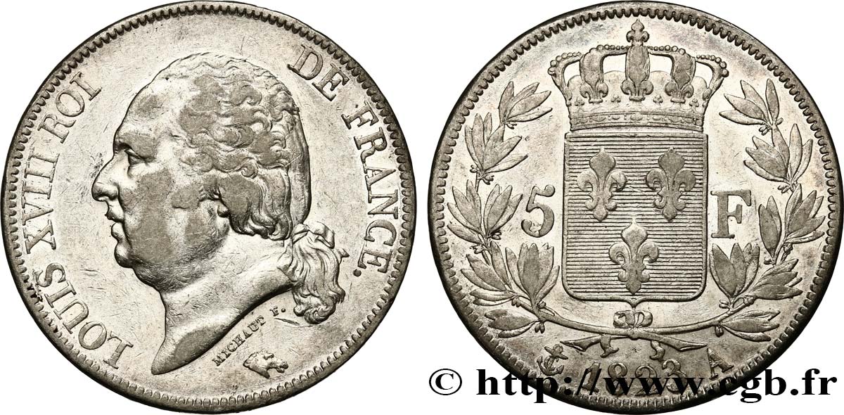 5 francs Louis XVIII, tête nue 1823 Paris F.309/76 TTB 