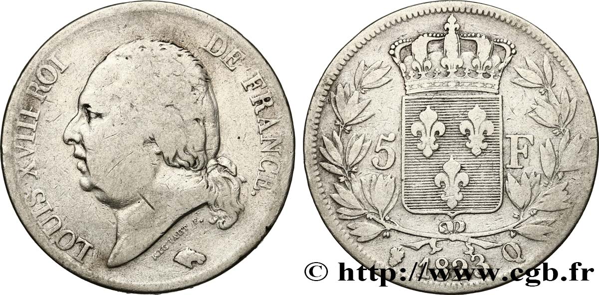 5 francs Louis XVIII, tête nue 1823 Perpignan F.309/86 F 
