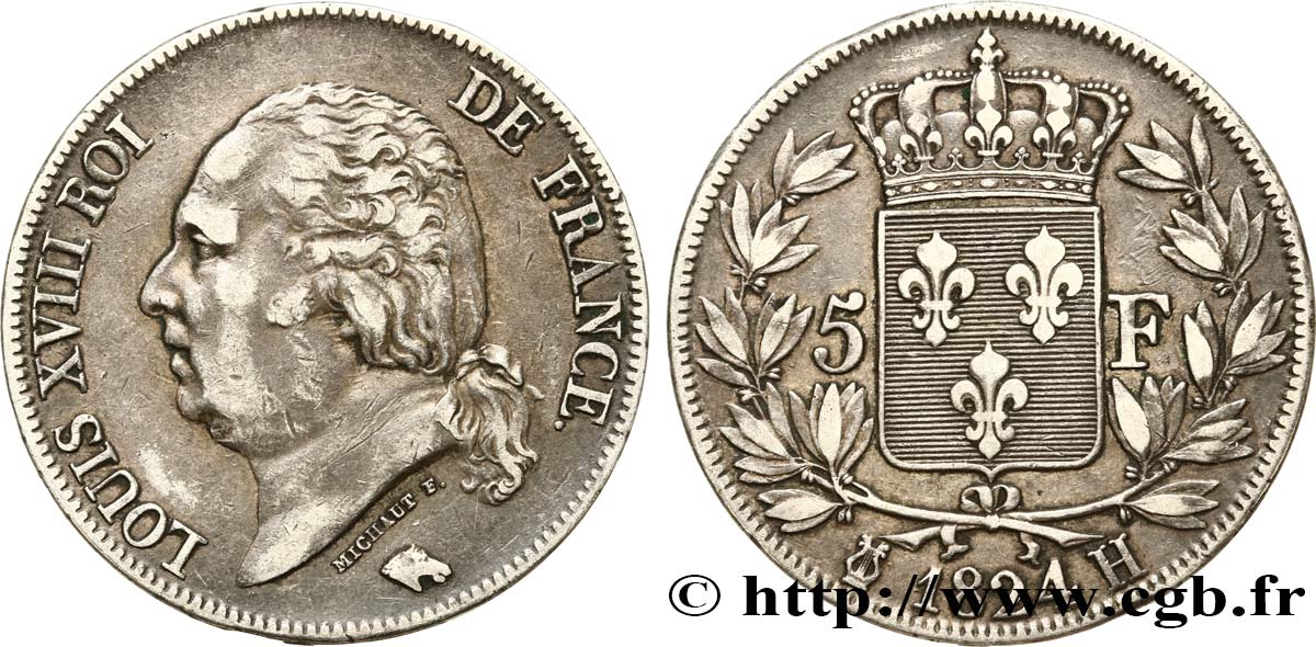 5 francs Louis XVIII, tête nue 1824 La Rochelle F.309/91 XF40 