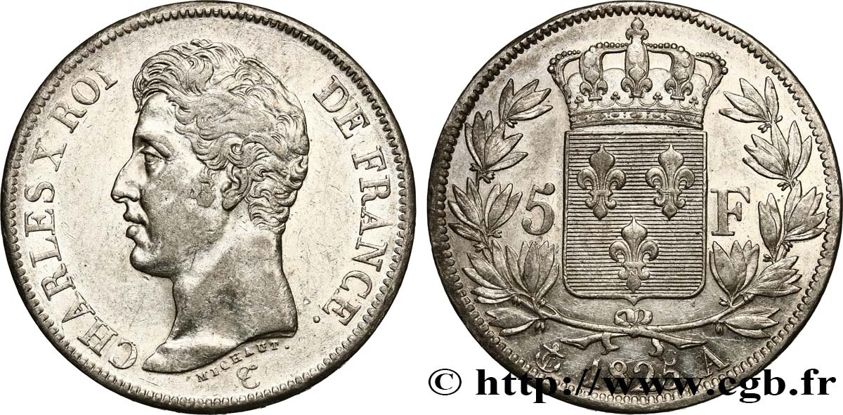 5 francs Charles X, 1er type 1825 Paris F.310/2 AU52 