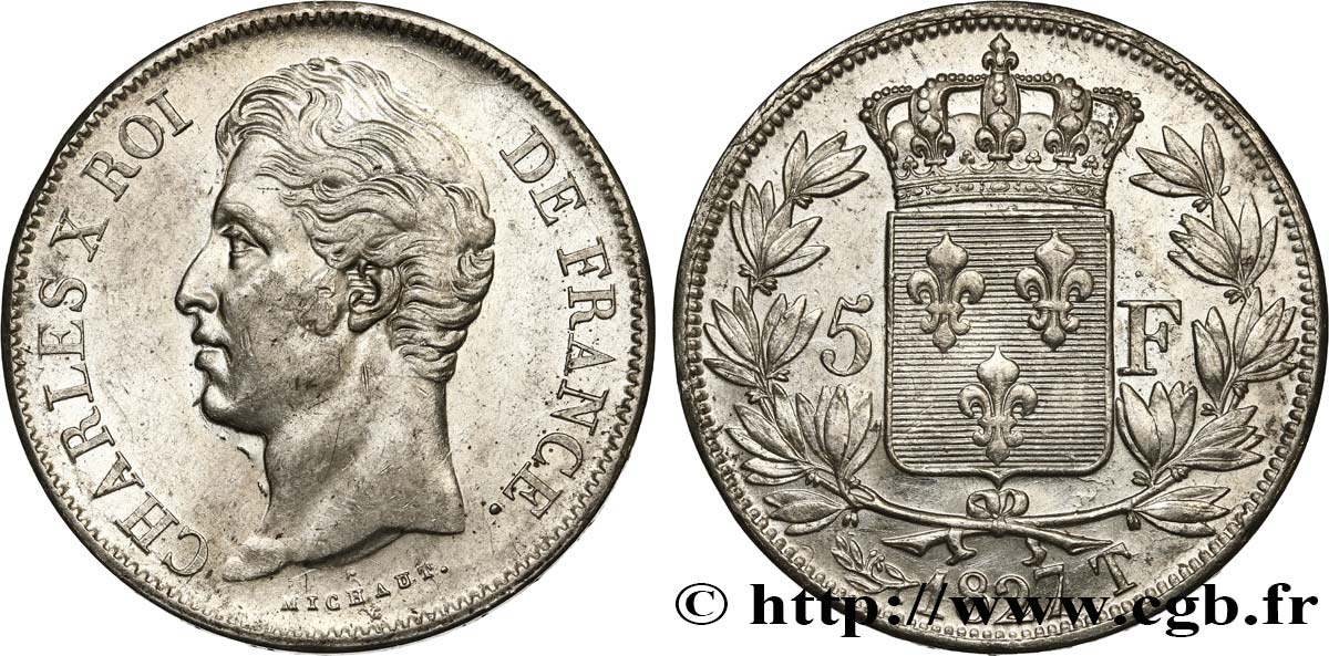 5 francs Charles X, 2e type 1827 Nantes F.311/12 AU52 