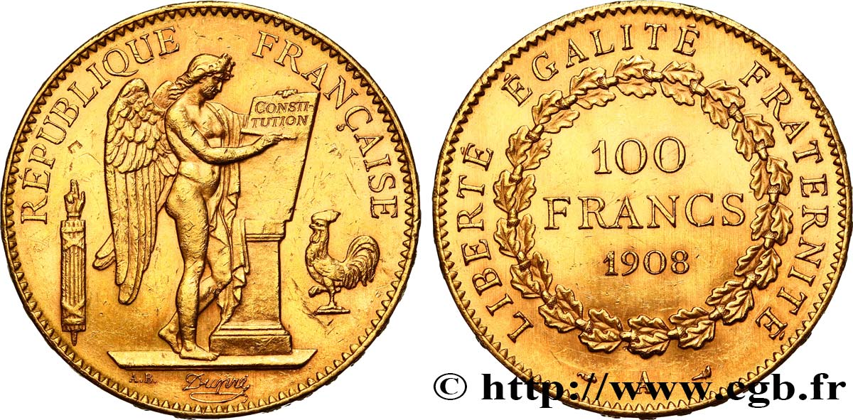 100 francs or Génie, tranche inscrite en relief liberté égalité fraternité 1908 Paris F.553/2 TTB54 